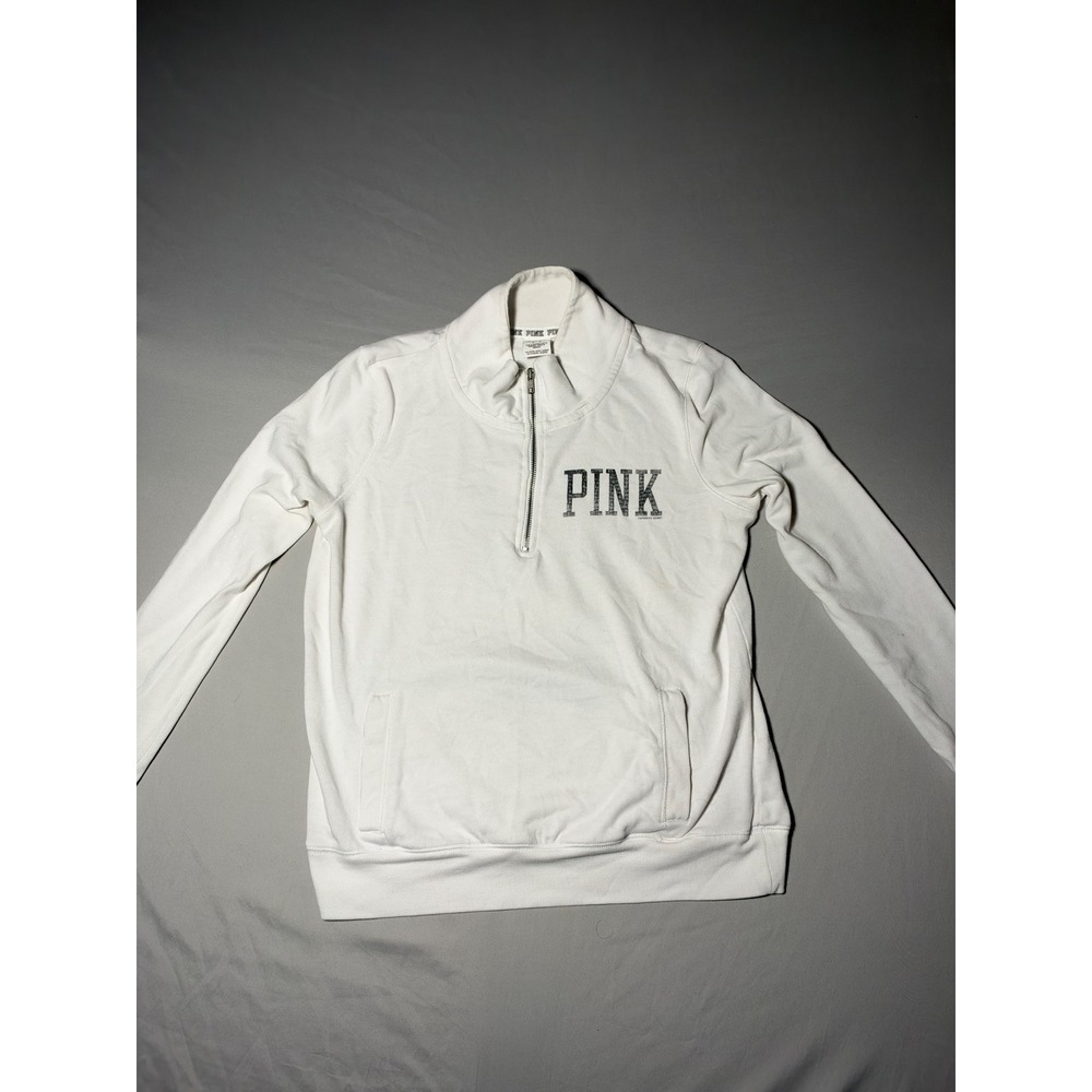 Victorias Secret PINK Quarter Zip Sweatshirt White Logo Pullover Medium